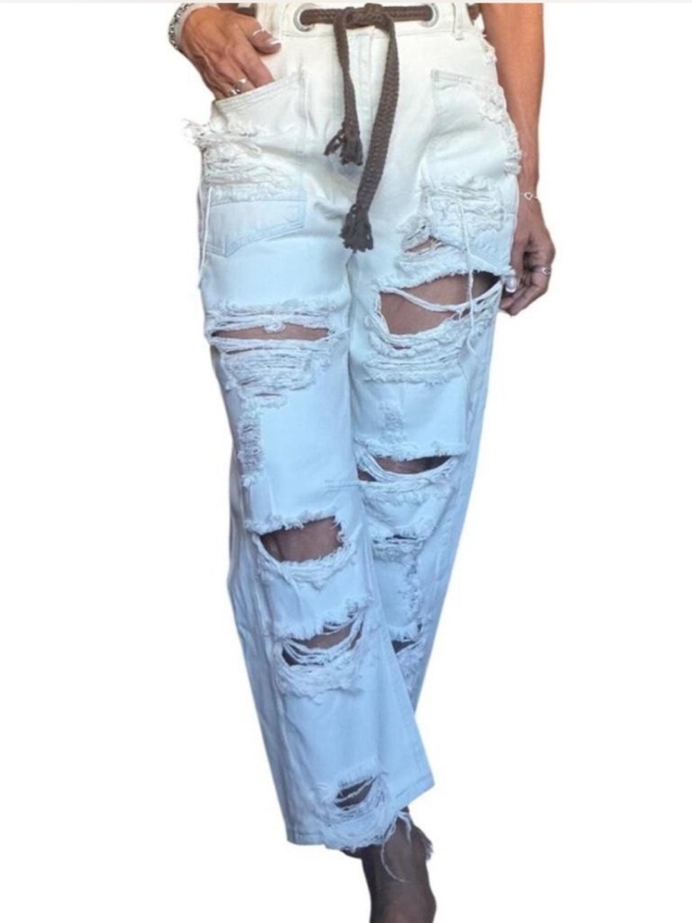 Free People Moxie Barrel Jeans Sea Mist NWOT Distressed Pull On Low Slung 27 - Picture 4 of 4